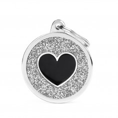 Penning rond met hart groot zilver glitter