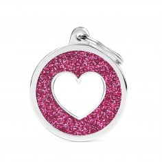 Penning rond met hart groot roze glitter
